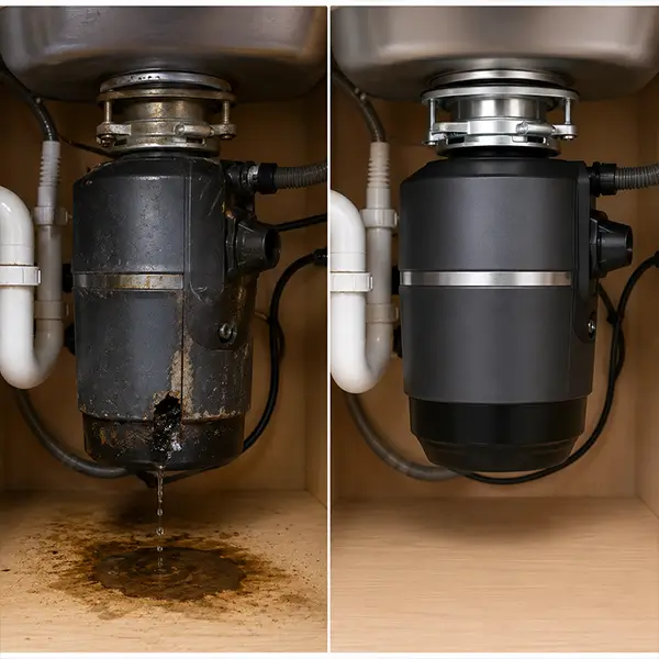 Plumbing technician repairing garbage disposal before and after in Spring TX