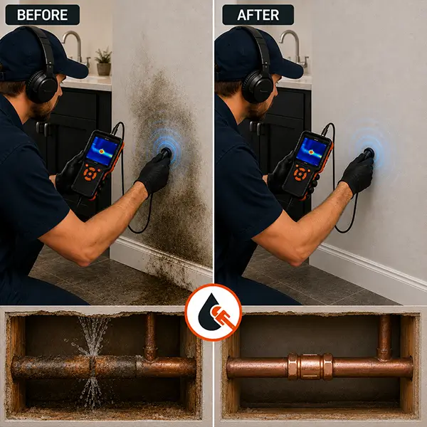 Plumbing technician repairing pipes before and after in Spring TX