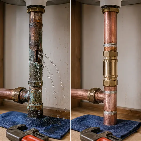 Plumbing technician repairing pipes before and after in Spring TX
