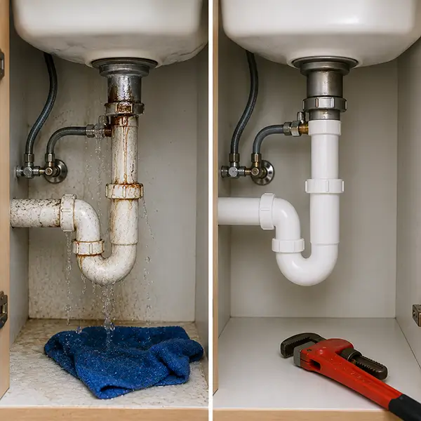 Plumbing technician repairing pipes before and after in Spring TX