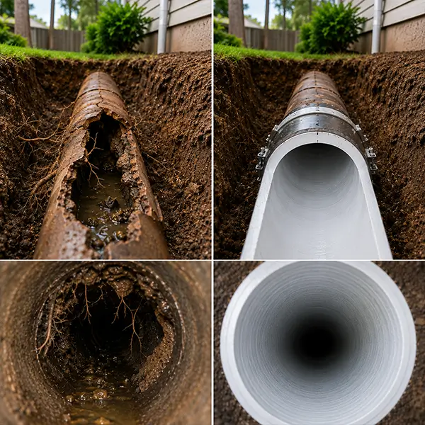 Plumbing technician repairing pipes before and after in Spring TX
